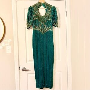 Vintage 80s Teal Beaded Full Length Gown Dress Silk with Open Back
